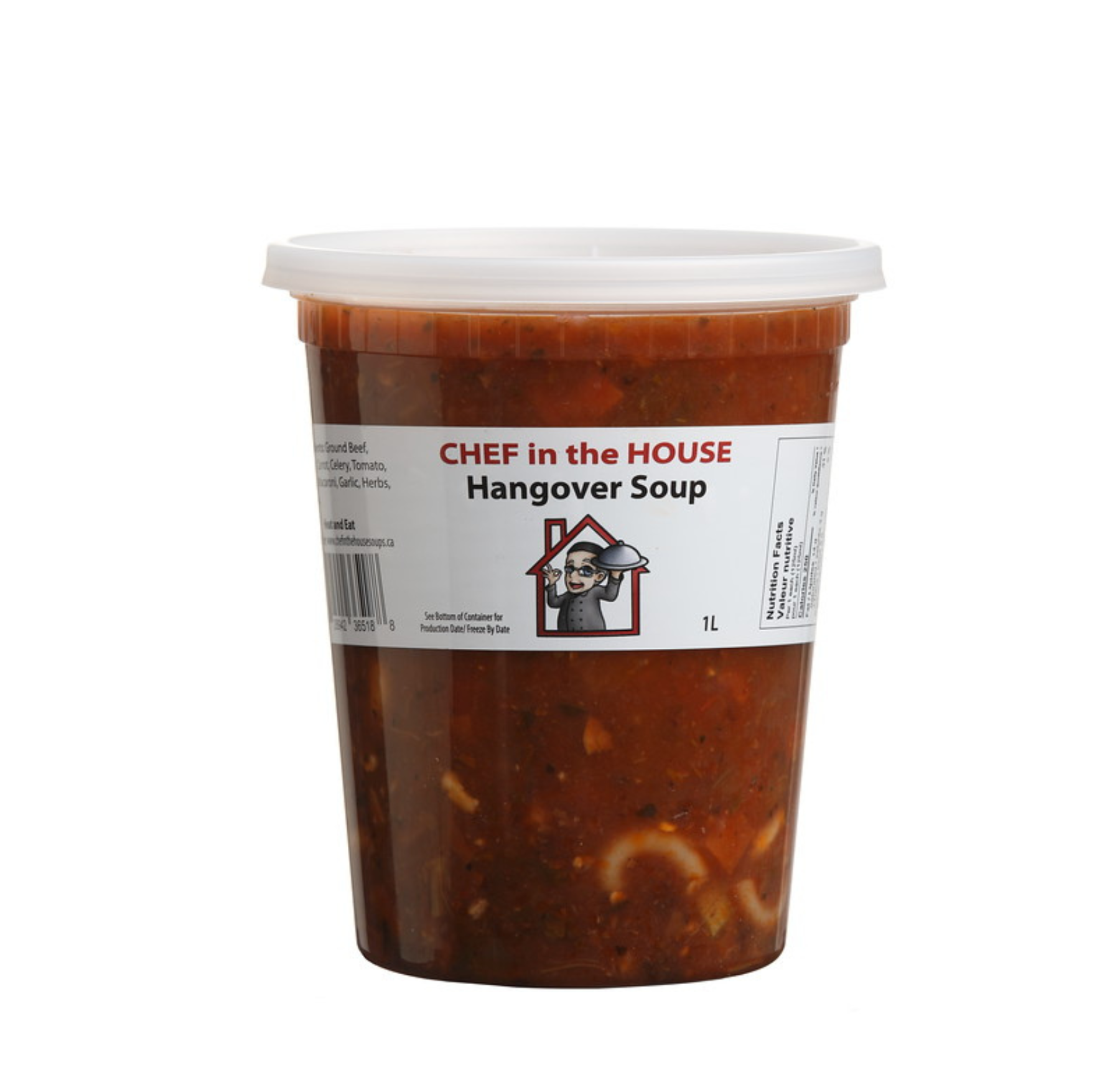 Hangover soup featuring ground beef, vegetables including onions, carrots, and celery, and elbow macaroni, garnished with a leaf of parsley.