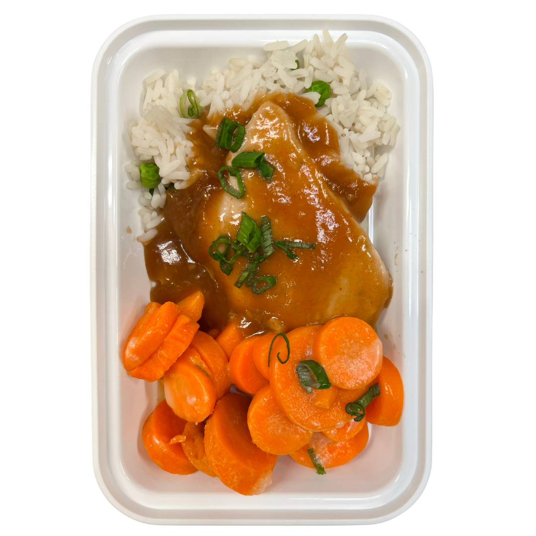 Baked tender chicken breast covered in a sweet &amp; savoury Teriyaki sauce.&nbsp;Served with rice pilaf and carrots.