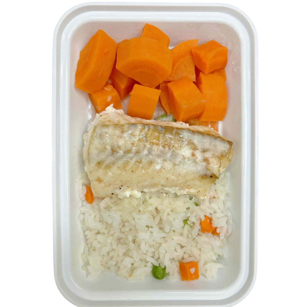 Lemon Butter Cod Meal with a garnish of carrots and rice
