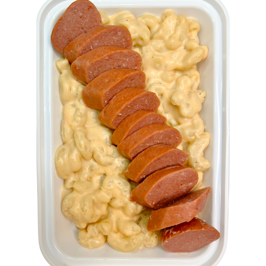 Tender Cellentani noodles loaded with a rich, creamy cheese sauce topped with a juicy, sliced Nathan's all-beef wiener.