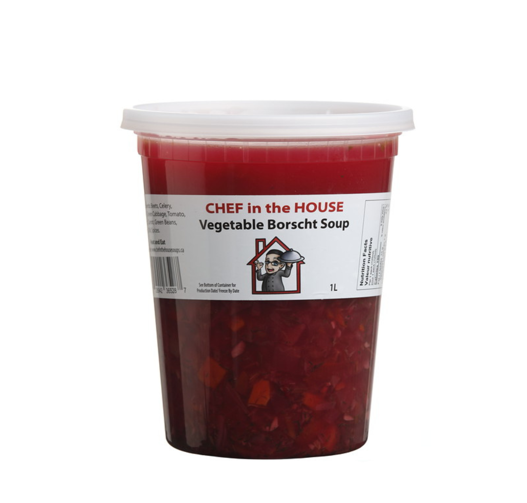 A bowl of vegetable borscht soup topped with sour cream and dill, surrounded by ingredients like beets, carrots, potatoes, and green beans.